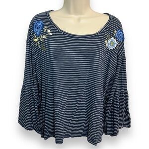 Hollister Women’s Floral Embroidered Bell Sleeve Top Navy Striped Size Large